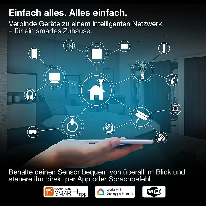 Ledvance Smart+ WiFi Kohlenmonoxidmelder - L x B x H: 8,5 x 2,73 x 8,5 cm, Batterielaufzeit: 5 Jahre - Eine Hand hält ein Smartphone, das ein Smart-Home-System mit verbundenen Gerätesymbolen und Plattform-Logos steuert.