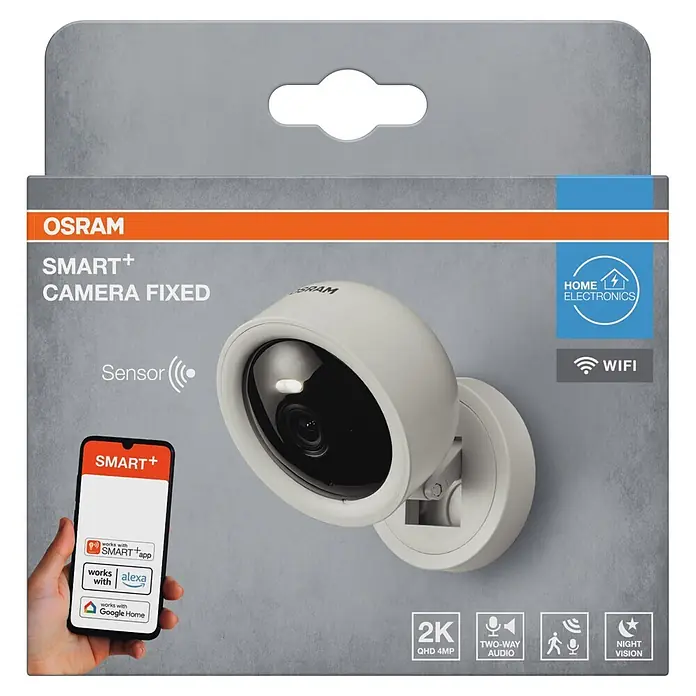 Osram Smart+ Überwachungskamera Fixed - Weiß - OSRAM SMART+ Überwachungskamera in grauer/orangefarbener Verpackung. Zeigt weiße Kamera, 2K, Zwei-Wege-Audio, Nachtsicht & Smart Home Kompatibilität.