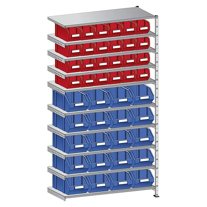 Scholz System Sichtlagerkastenregal Anbauelement S300 - H x B x T: 192 x 101 x 32 cm, Traglast pro Boden: 90 kg, Anzahl Böden: 10 Stk., Stecken, Silber - Regal mit roten und blauen Lagerkästen.