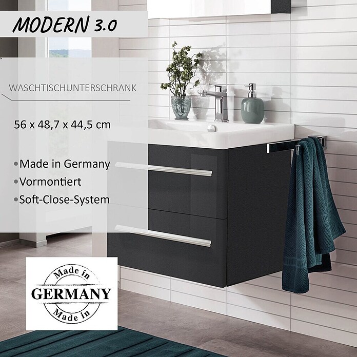Modern 3.0 Waschtischunterschrank (49 x 56 x 42 cm, 2 Schubkästen, Grafit, Hochglanz)