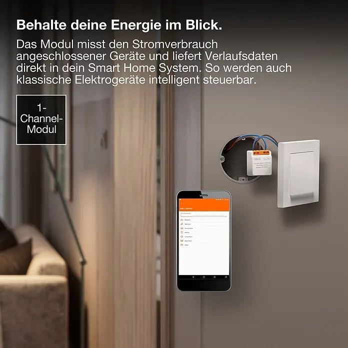 Osram Smart+ Schalter 1CH - Weiß, Innen - Ein weißes 1-Kanal-WLAN-Schaltmodul ist hinter einem Wandschalter installiert, daneben ein Smartphone mit Smart-Home-App.