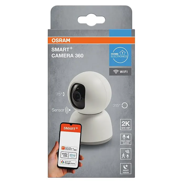 Osram Smart+ Überwachungskamera 360 - Weiß - Weiße Osram Smart+ Kamera 360 auf grauer Verkaufsverpackung, mit 2K-Auflösung und Smart-Home-Kompatibilität.