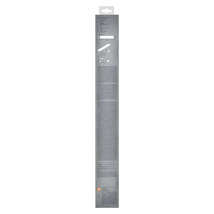 Ledvance LED-Unterbauleuchte - 12 W, Länge: 60 cm, Lichtfarbe: Mehrfarbig - Verpackung für 600mm smarte LED-Unterbauleuchte. Zeigt Spezifikationen, Abmessungen, Lichtleiste, Netzteil, Montagematerial und Anleitung.