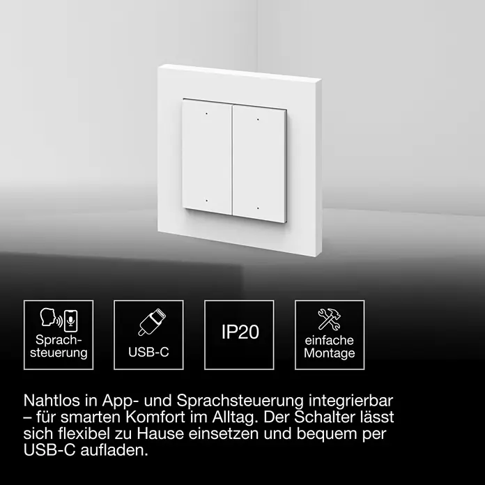 Osram Smart+ Schalter 4G matter - Weiß, Innen - Weißer smarter Lichtschalter mit zwei Tasten, App-/Sprachsteuerung und USB-C Ladefunktion.