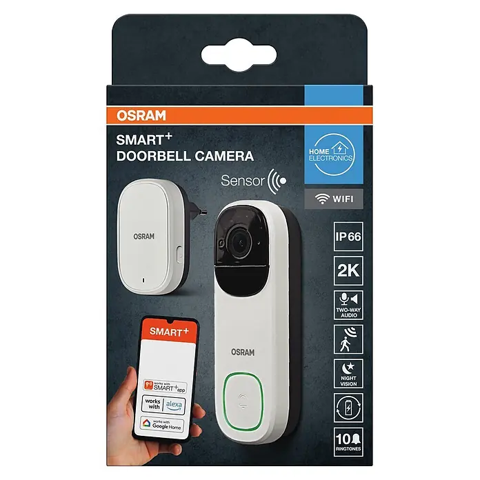 Osram Smart+ Türklingel mit Kamera - Weiß - Weißes OSRAM SMART+ Türklingelkamerasystem mit Linse, grünem Knopf, einer steckbaren Glocke und Smartphone mit Smart-Home-App.