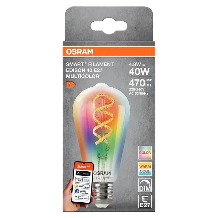 Ledvance Smart+ WiFi Bombillas LED Edison - E27, RGB, 300 lm, 30 W - Bombilla LED multicolor OSRAM SMART+ Filamento Edison E27, controlable por sistemas de hogar inteligente.