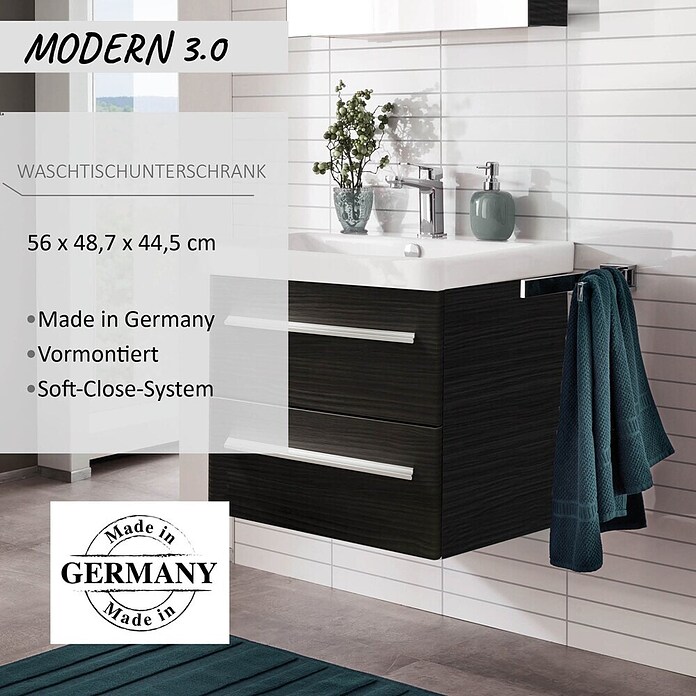 Modern 3.0 Waschtischunterschrank (49 x 56 x 42 cm, 2 Schubkästen, Darkoak, Matt)