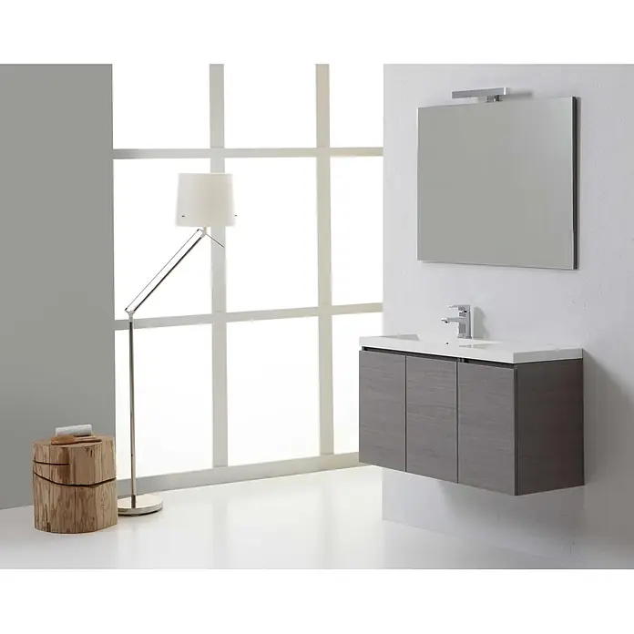Kiamami Valentina Badmöbel-Set - Grau - Moderner grauer Holz-Wandwaschtisch mit weißem integrierten Waschbecken, Chromarmatur und rechteckigem Spiegel.