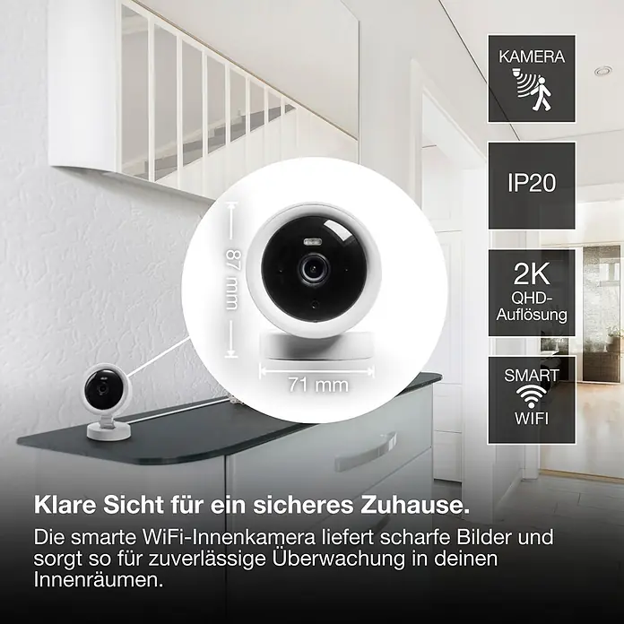 Osram Smart+ Überwachungskamera Fixed - Weiß - Weiße Smart-WiFi-Innenkamera mit schwarzer Linse, Maße 87x71mm, in einem Wohnraum platziert, mit 2K QHD-Auflösung und Bewegungserkennung.