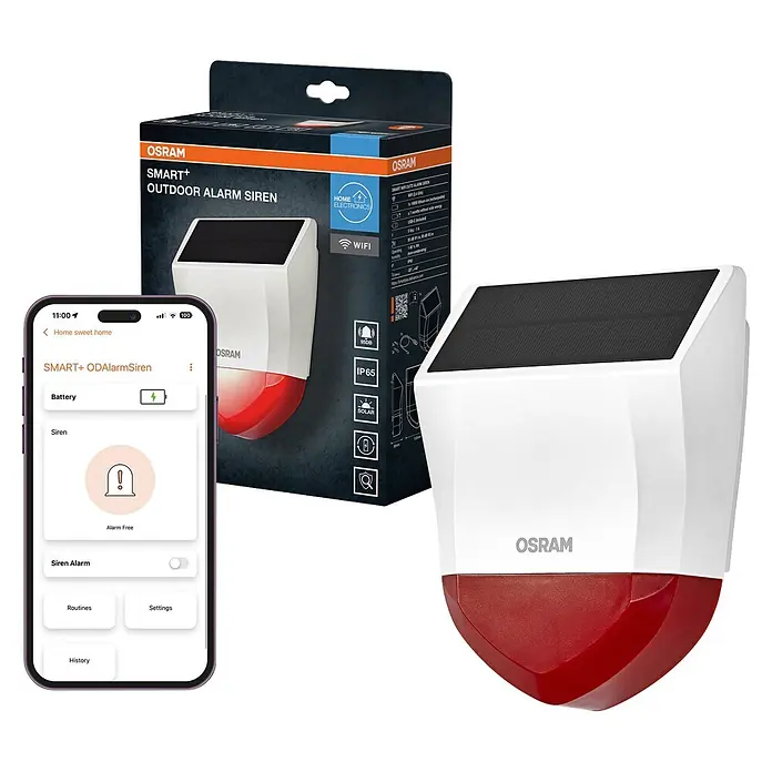 Osram Smart+ Alarmanlage - Weiß - OSRAM SMART+ Outdoor Alarmsirene, weiß-rot, mit Solarpaneel und App-Steuerung.