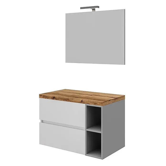 Kiamami Valentina Badmöbel-Set - Weiß - Zweiteiliges Badmöbel-Set: Waschtisch mit Holzplatte, weißen Schubladen, grauen Regalen und einem grauen rechteckigen Spiegel mit Metallleuchte.