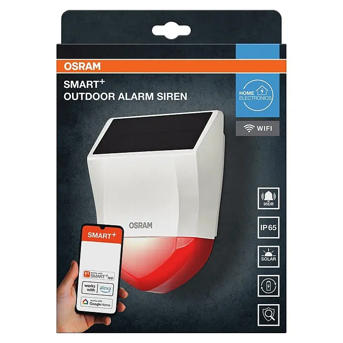 Osram Smart+ Alarmanlage - Weiß - Weiße OSRAM SMART+ Außenalarmsirene mit rotem Licht und Solarpanel auf Verpackung, die Smart-Home-Kompatibilität hervorhebt.