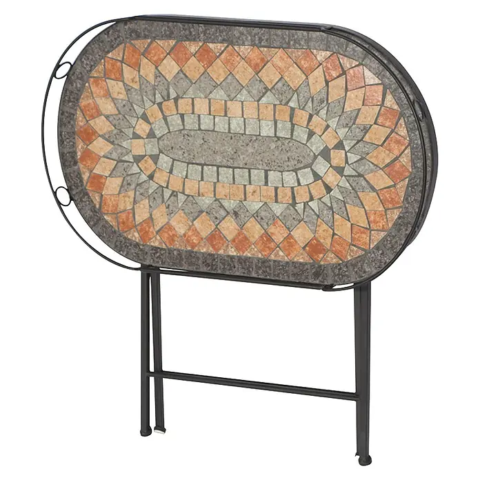 Siena Garden Prato Serviertisch - 68 x 41 cm, Eisen - Ovaler Mosaiktisch mit einem stilvollen, bunten Muster und einem dunklen Metallgestell, ideal für Balkon oder Terrasse.
