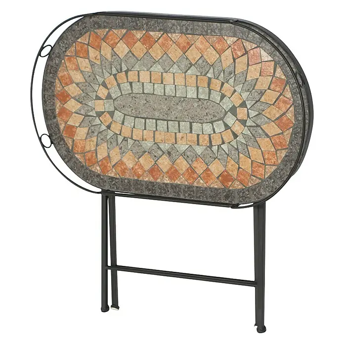 Siena Garden Prato Serviertisch - 68 x 41 cm, Eisen - Ovaler Mosaiktisch mit einem stilvollen, bunten Muster und einem dunklen Metallgestell, ideal für Balkon oder Terrasse.
