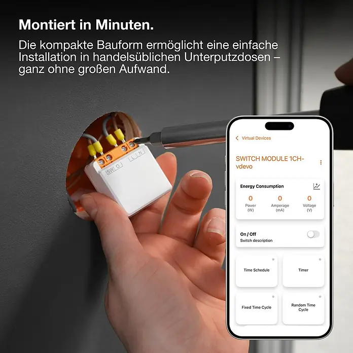 Osram Smart+ Schalter 1CH - Weiß, Innen - Person installiert weißes Smart-Schaltmodul in einer Unterputzdose, daneben Smartphone-App mit Steuerungsoptionen.