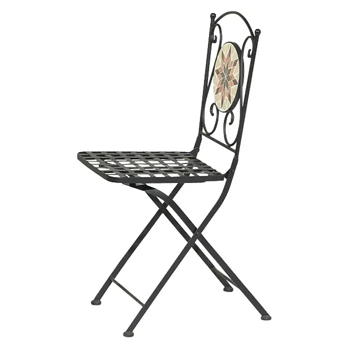 Siena Garden Stella Gartenstuhl - Klappbar, Schwarz, B x T x H: 39 x 49,5 x 89,5 cm - Ein Gartenstuhl aus schwarzem Metall mit Mosaikmuster auf der Rückenlehne und einem klappbaren Design für einfache Lagerung.