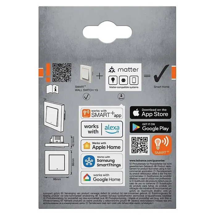 Osram Smart+ Schalter Unterputz Wandschalter 1G matter - Weiß, Innen - Weißer SMART+ Wandtaster 1G, kompatibel mit Matter, Apple Home, Google Home, Alexa und Samsung SmartThings. Abmessungen: 86x86mm.