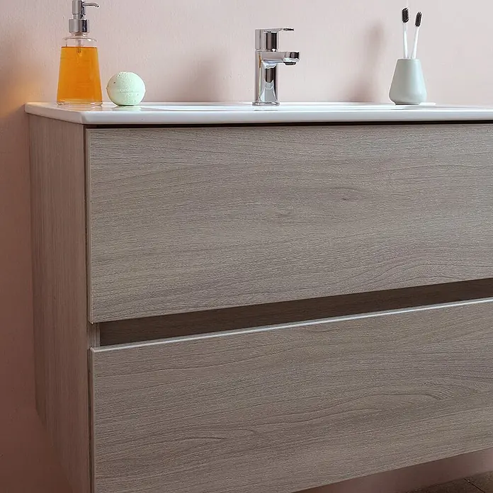 Kiamami Valentina Badmöbel-Set - Helles Holz - Helles Badezimmer-Waschtischunterschrank aus Holzdekor mit zwei Schubladen und integriertem Waschbecken.