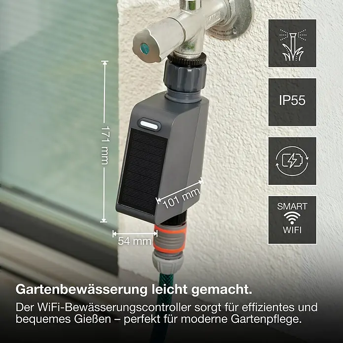 Osram Smart+ Bewässerungssteuerung - Batteriebetrieben, Passend für: Bewässerungssteuerung, Smart Home System, 1 & ¾ Zoll Wasserhahn - Dunkelgrauer WiFi-Bewässerungscontroller mit Solarpanel, an Wasserhahn und Schlauch angeschlossen. Misst 171x101x54mm, IP55.