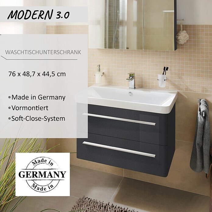 Modern 3.0 Waschtischunterschrank (49 x 76 x 42 cm, 2 Schubkästen, Grafit, Hochglanz)