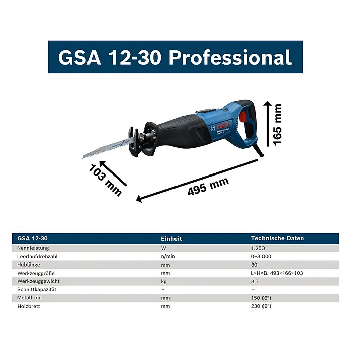 Bosch Professional Säbelsäge PRO GSA 12-30 - 1.250 W, Hublänge: 30 mm - Blaue und schwarze Bosch GSA 12-30 Professional Säbelsäge mit Sägeblatt, 495mm lang und 165mm hoch.
