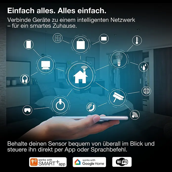 Osram Rauchwarnmelder Smoke Detector - Durchmesser: 8,6 cm, Batterielaufzeit: 5 Jahre, Alarmsignal: 85 dB, 1 Stk. - Hand hält Smartphone, das ein Smart-Home-Netzwerk mit Symbolen für Beleuchtung, Sicherheit und Klima steuert.