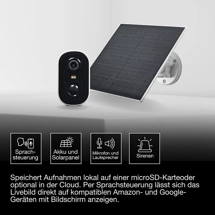 Osram Smart+ Überwachungskamera Battery Solar - Weiß - Eine weiß-schwarze Überwachungskamera steht neben einem dunkelgrauen Solarpanel auf einer weißen Halterung, was auf Solarstrom hinweist.