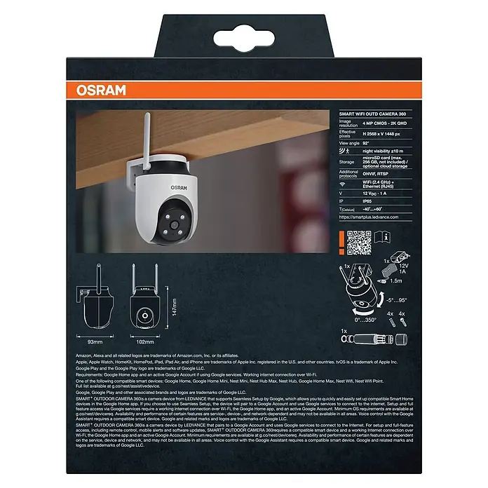Osram Smart+ Überwachungskamera Outdoor 360 - Weiß - Weiße und schwarze OSRAM Smart Outdoor WLAN-Kamera mit Antenne, unter einem Holzbalken montiert.
