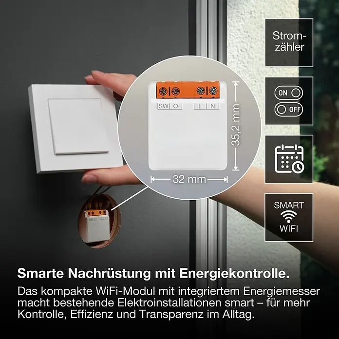 Osram Smart+ Schalter 1CH - Weiß, Innen - Kompaktes weißes WLAN-Modul mit integriertem Energiezähler, Maße sichtbar, zur smarten Nachrüstung von Elektroschaltern für Energiemonitoring.