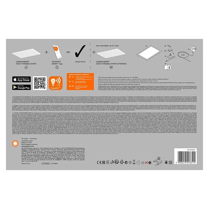 Ledvance LED-Panel - L x B x H: 30 x 20 x 0,8 cm, RGB - Weißes, rechteckiges, smartes LED-Unterschranklicht mit Tunable-White-Funktion, gezeigt mit einer Erweiterung und App-Steuerung.