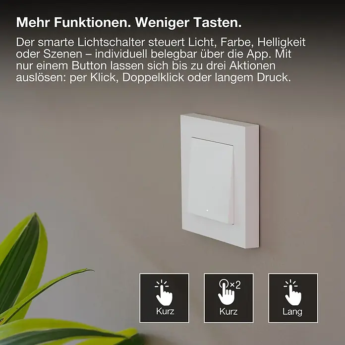 Osram Smart+ Schalter magnetischer Wandschalter 1G matter - Weiß, Innen - Weißer smarter Lichtschalter an der Wand. Er steuert Licht, Farbe, Helligkeit oder Szenen per Klick, Doppelklick oder langem Druck mit einem Knopf.