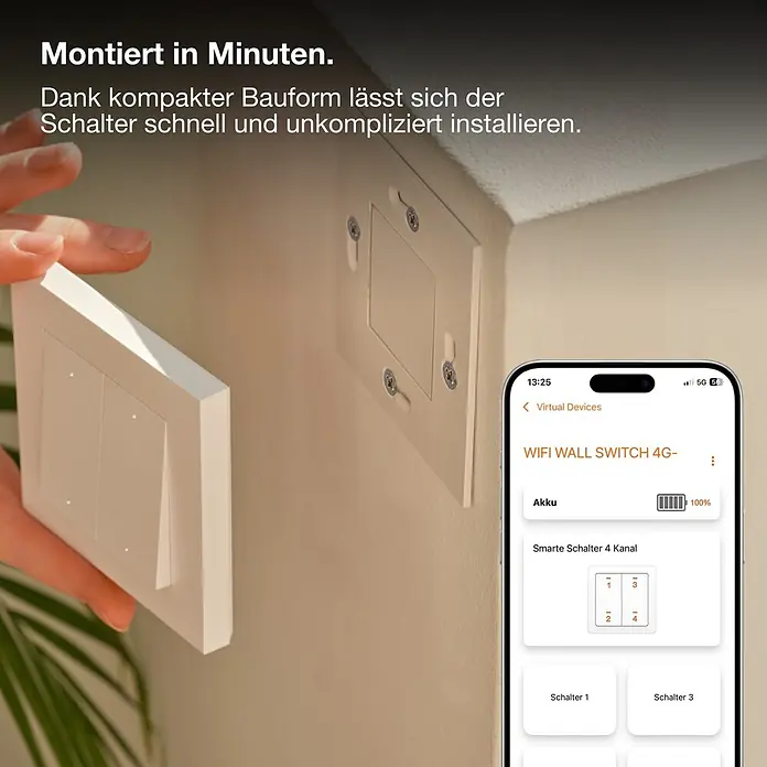 Osram Smart+ Schalter 4G matter - Weiß, Innen - Weißer smarter Wandschalter wird installiert, mit Montageplatte an der Wand und zugehöriger App auf einem Smartphone.