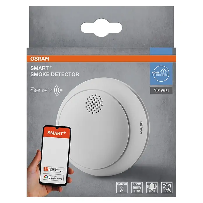 Osram Rauchwarnmelder Smoke Detector - Durchmesser: 8,6 cm, Batterielaufzeit: 5 Jahre, Alarmsignal: 85 dB, 1 Stk. - Weißer OSRAM SMART+ Rauchmelder und Smartphone mit App auf Produktverpackung.
