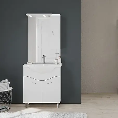 KV Unterschrank 2-türig, Keramik-Waschtisch, Spiegel mit LED – Beleuchtung und Hängeschrank | Easy