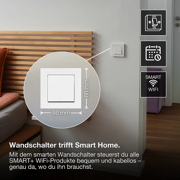 Osram Smart+ Schalter magnetischer Wandschalter 1G matter - Weiß, Innen - Weißer smarter Wandschalter (86x86 mm) für kabellose WiFi Smart Home Steuerung, mit ON/OFF und Zeitplan-Funktion.