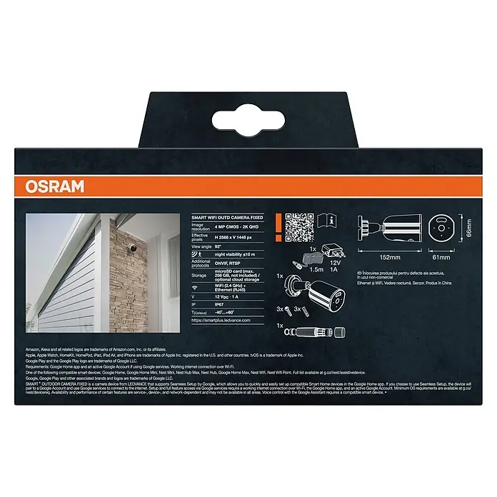 Osram Smart+ Überwachungskamera Outdoor Fixed - Weiß - Dunkelgraue OSRAM Smart Outdoor Kamera Verpackung mit orangefarbenem Streifen, zeigt Kamera, Zubehör und technische Daten.