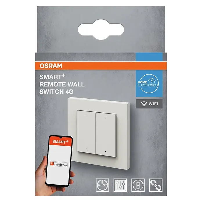 Osram Smart+ Schalter 4G matter - Weiß, Innen - Weißer OSRAM SMART+ Fern-Wandschalter 4G mit zwei Tasten, auf der Verpackung abgebildet, daneben ein Smartphone mit App und Funktionssymbolen.