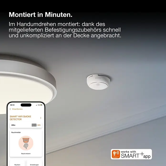 Osram Rauchwarnmelder Smoke Detector - Durchmesser: 8,6 cm, Batterielaufzeit: 5 Jahre, Alarmsignal: 85 dB, 1 Stk. - Weißer smarter Rauchmelder an der Decke, mit Smartphone-App-Oberfläche. Funktioniert mit SMART+ App.