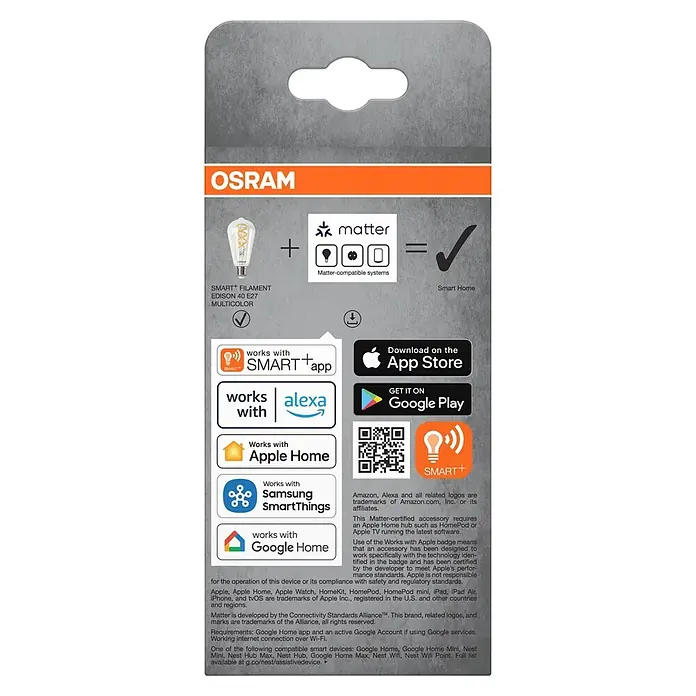 Ledvance Smart+ WiFi Bombillas LED Edison - E27, RGB, 300 lm, 30 W - Empaque bombilla OSRAM Smart+ Filament: compatibilidad Smart Home con Matter, Apple Home, Google Home, Alexa, Samsung SmartThings.