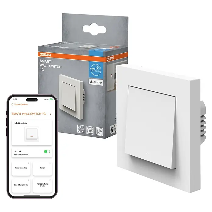 Osram Smart+ Schalter Unterputz Wandschalter 1G matter - Weiß, Innen - Weißer Osram Smart+ Wandschalter 1G, dessen Verpackung und ein Smartphone mit der Steuerungs-App.