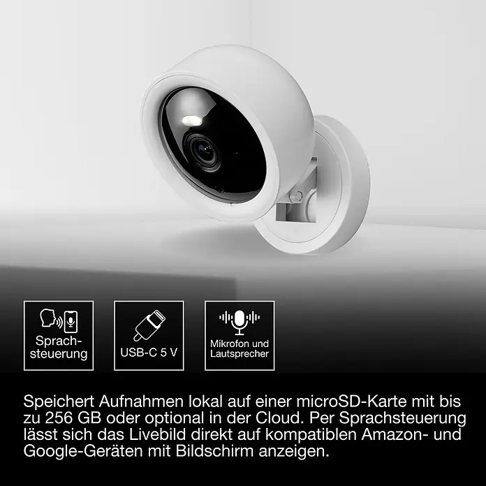 Osram Smart+ Überwachungskamera Fixed - Weiß - Weiße Überwachungskamera mit dunklem Objektiv und LED-Licht, an einer verstellbaren Halterung montiert.