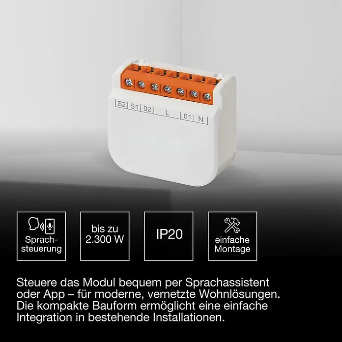 Osram Smart+ Schalter 2CH - Weiß, Innen - Weißes Smart-Home-Modul mit orangefarbenen Schraubklemmen (S2 bis N) von oben, schräge Ansicht.