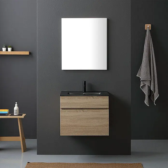 Kiamami Valentina Badmöbel-Set - Helles Holz - Wandhängender Waschtisch in heller Eiche mit schwarzem integriertem Waschbecken und Armatur, mit zwei Schubladen für ein modernes Bad.