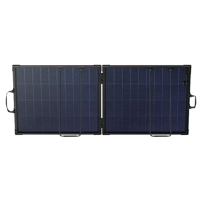 Anker Solix Solarmodul SOLIX PS200 GEN2 - 200 W, L x B x H: 1.377 x 792 x 17 mm - Klappbares dunkelblaues Solarpanel mit schwarzem Rahmen und integrierten Tragegriffen.