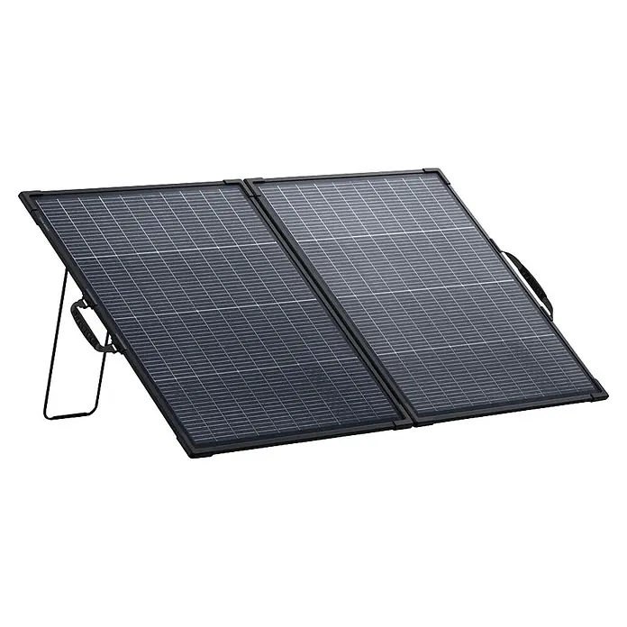 Anker Solix Solarmodul SOLIX PS200 GEN2 - 200 W, L x B x H: 1.377 x 792 x 17 mm - Faltbares, dunkelgraues tragbares Solarpanel mit schwarzem Rahmen, Griffen und integriertem Ständer für den Außeneinsatz.