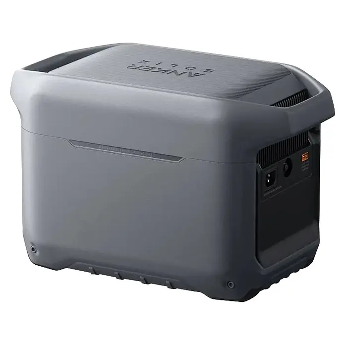 Anker Solix Powerstation SOLIX C1000 GEN2 - 1.024 Wh - Graue Anker Solix tragbare Powerstation mit sichtbaren Steckdosen und Griffen.