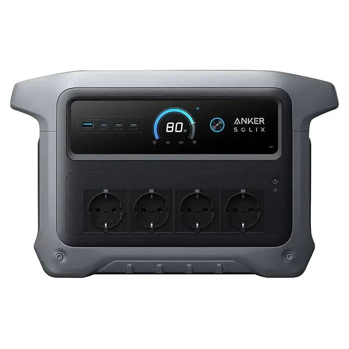Anker Solix Powerstation SOLIX C1000 GEN2 - 1.024 Wh - Grau-schwarze Anker Solix Powerstation mit Digitalanzeige (80% Ladung), USB-Anschlüssen und vier AC-Steckdosen.