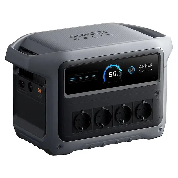 Anker Solix Powerstation SOLIX C1000 GEN2 - 1.024 Wh - Graue, tragbare Anker Solix Powerstation mit Digitalanzeige (80% Ladung) und vier Steckdosen.