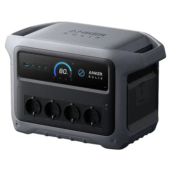 Anker Solix Powerstation SOLIX C1000 GEN2 - 1.024 Wh - Grau-schwarze Anker Solix Powerstation mit Digitalanzeige (80% Ladung), USB-Anschlüssen und AC-Steckdosen.