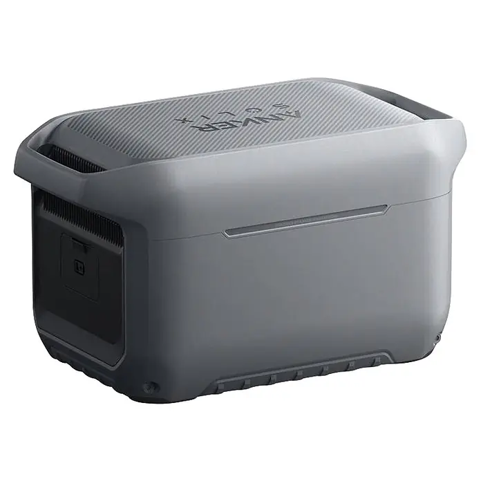 Anker Solix Powerstation C2000 Gen 2 - 2.048 Wh - Graue Anker Solix Powerstation mit strukturierter Oberseite und Griffen, für Outdoor- oder Notstromversorgung.